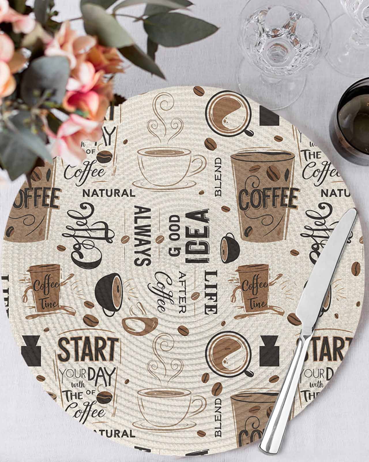 Brown Coffee Cup Round Table Placemats set of 6, Vintage Coffee Beans Beige Washable Woven Place Mats for Dining Tables Kitchen Party Decor,Heat Proof, 15in,