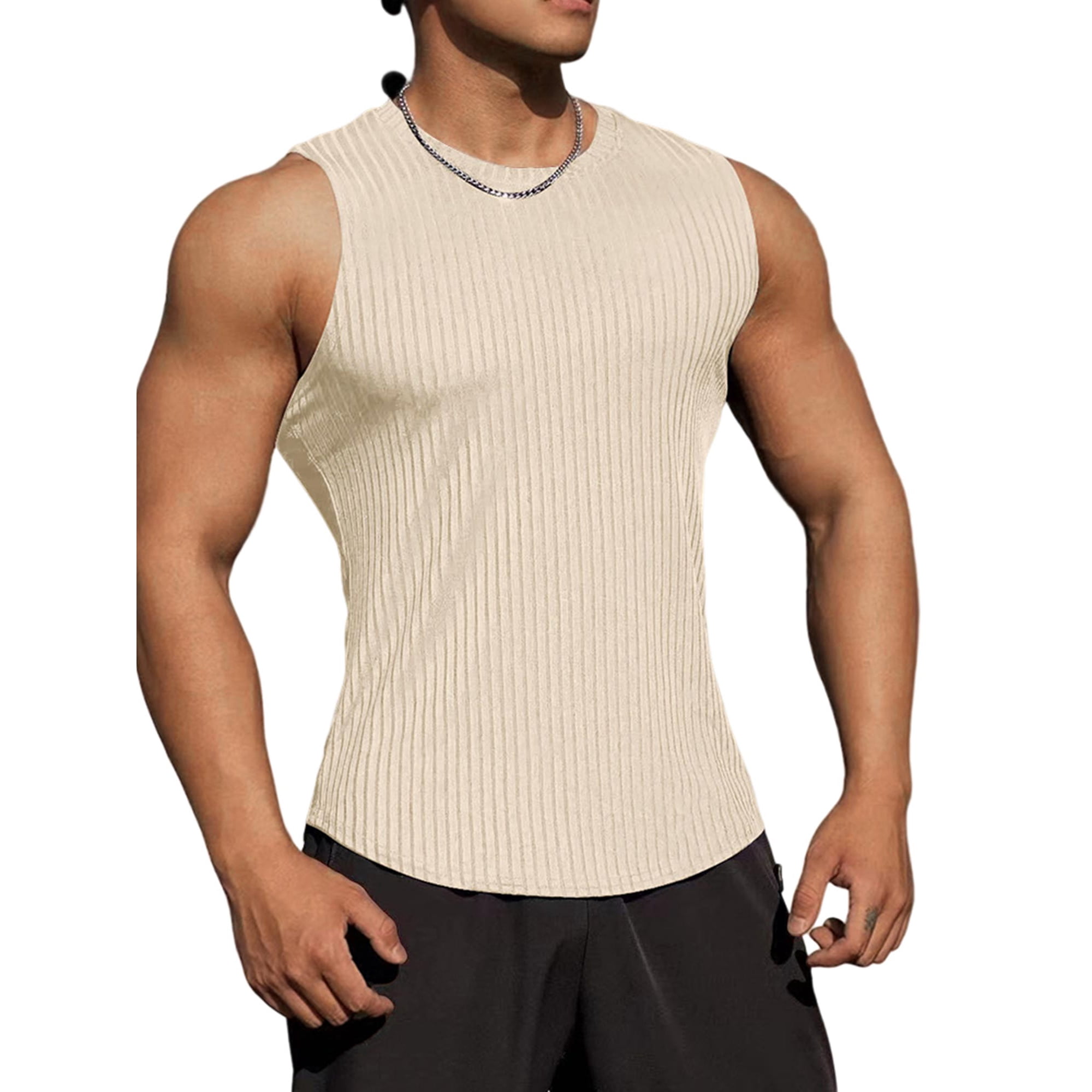 Springttc Men's Casual T-Shirt Sports Fitness Round Neck Sleeveless Activewear Tank Tops, Size: 3XL, Brown