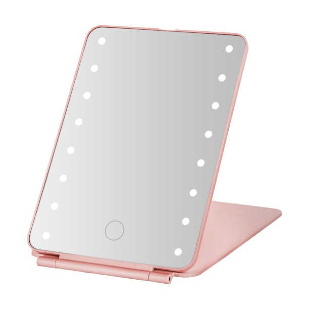 MELANNCO Espejo de tocador LED plegable de oro rosa, luces LED regulables, espejo compacto y plegable, recargable, ideal para viajes