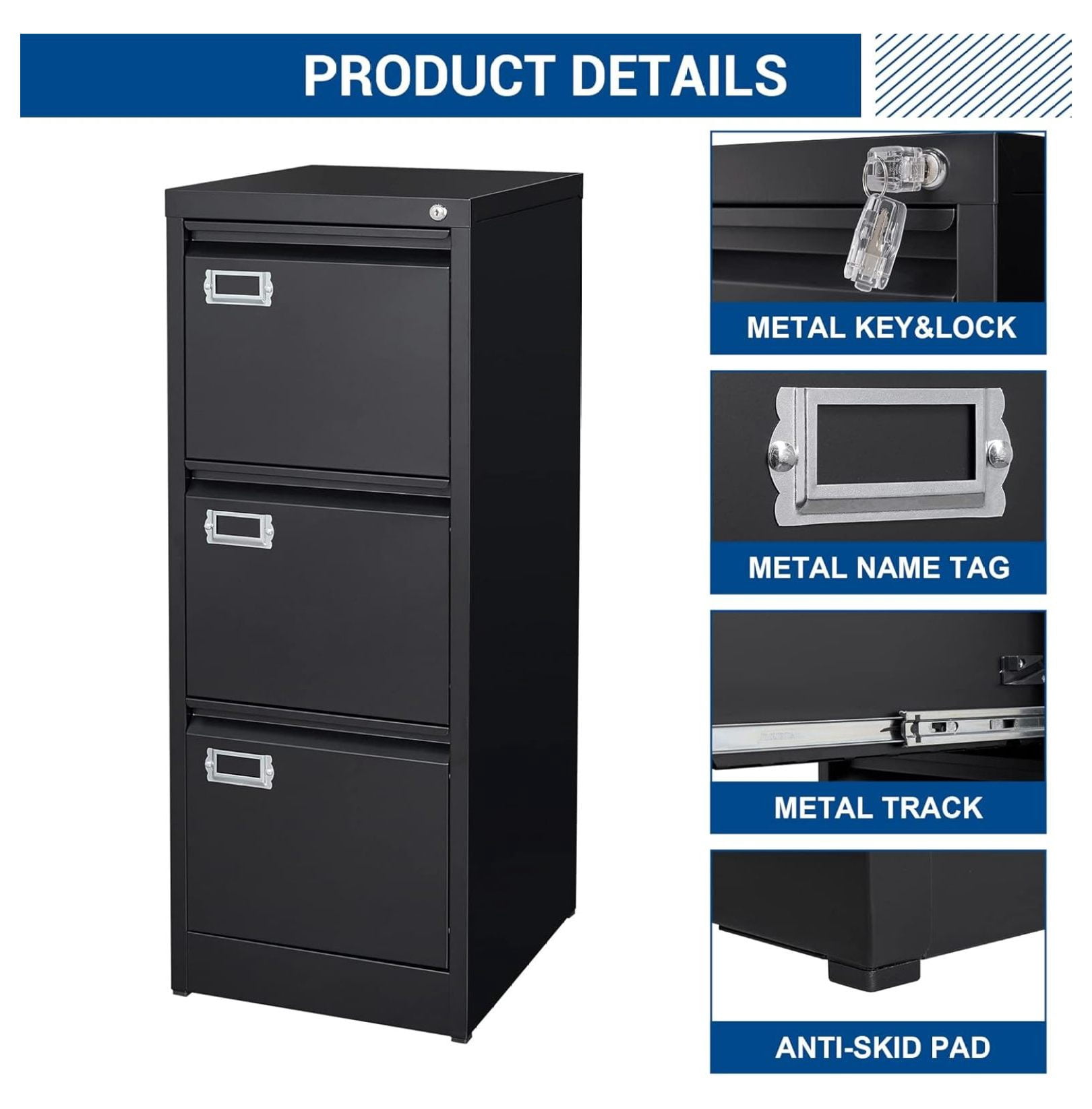 Vertical File Cabinets - 3 Drawers 17.8" Deep Lockable Filing Cabinet - Metal Storage Cabinets for Home Office to Hanging Files Letter/Legal/F4/A4 Size 3 Drawres Black
