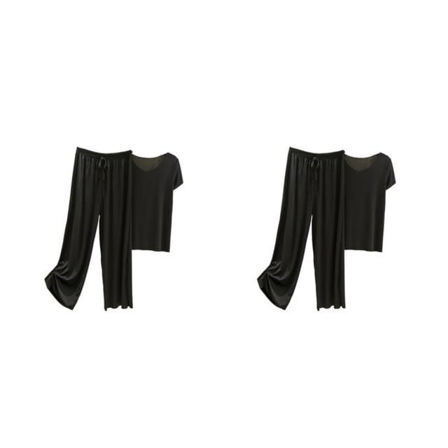 Conjunto de pijama de seda de hielo Qarigey para mujer Camiseta de algodón con cuello en V Pantalones sueltos Negro 4XL 2 piezas