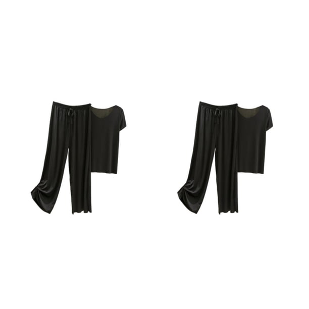 Conjunto de pijama de seda de hielo Qarigey para mujer Camiseta de algodón con cuello en V Pantalones sueltos Negro 4XL 2 piezas