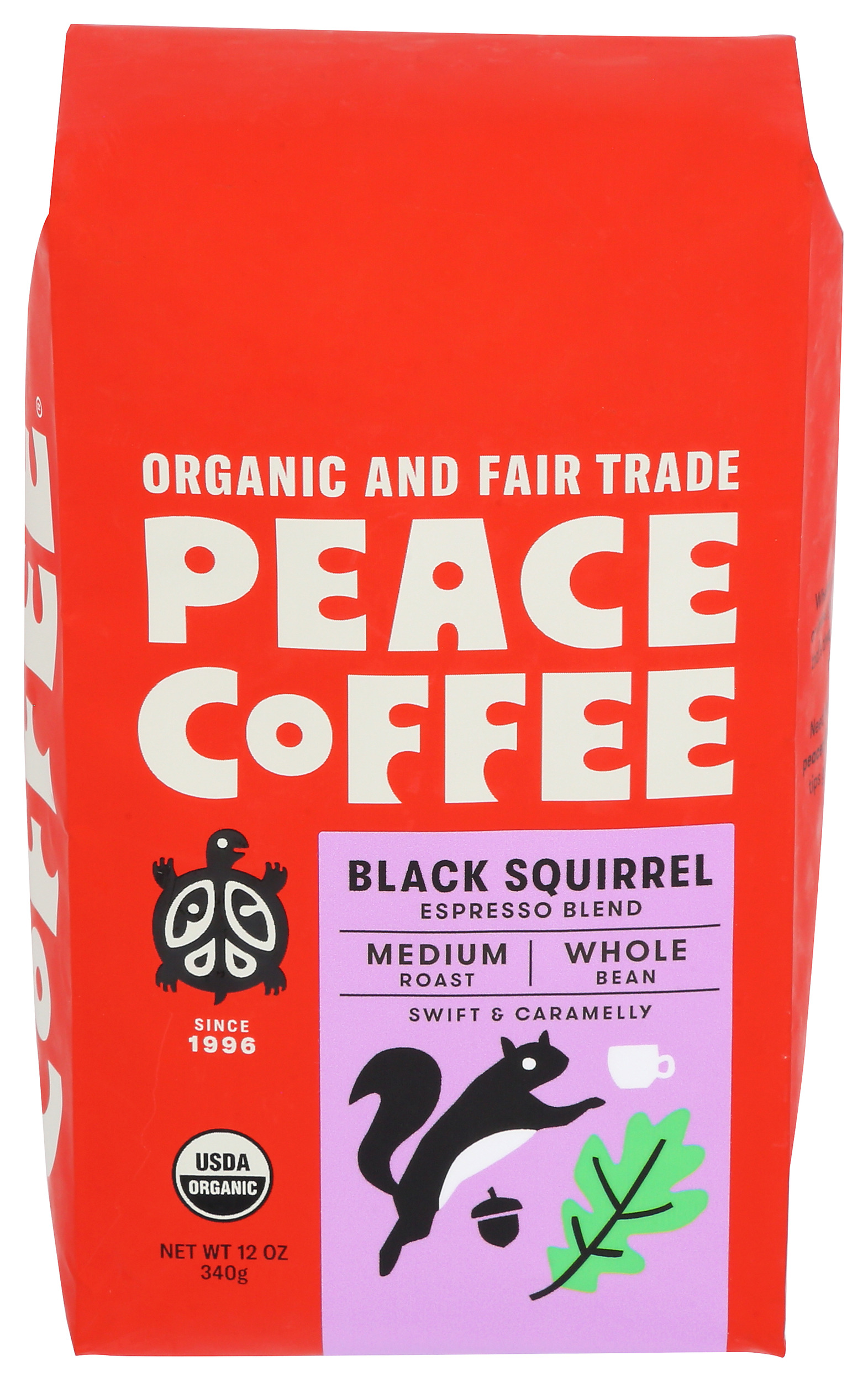 (Pack of 6), Peace Coffee Organic Black Squirrel Espresso Blend — Whole Bean, 12 oz