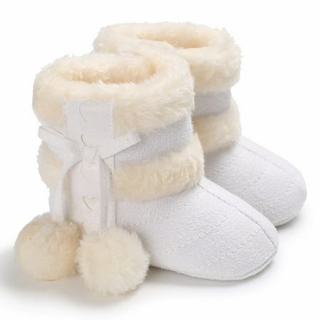 

QWZNDZGR 2022 Baby Autumn Winter Boots Baby Girl Boys Winter Warm Shoes Solid Fashion Toddler Fuzzy Balls First Walkers Kid Shoes 0-18M