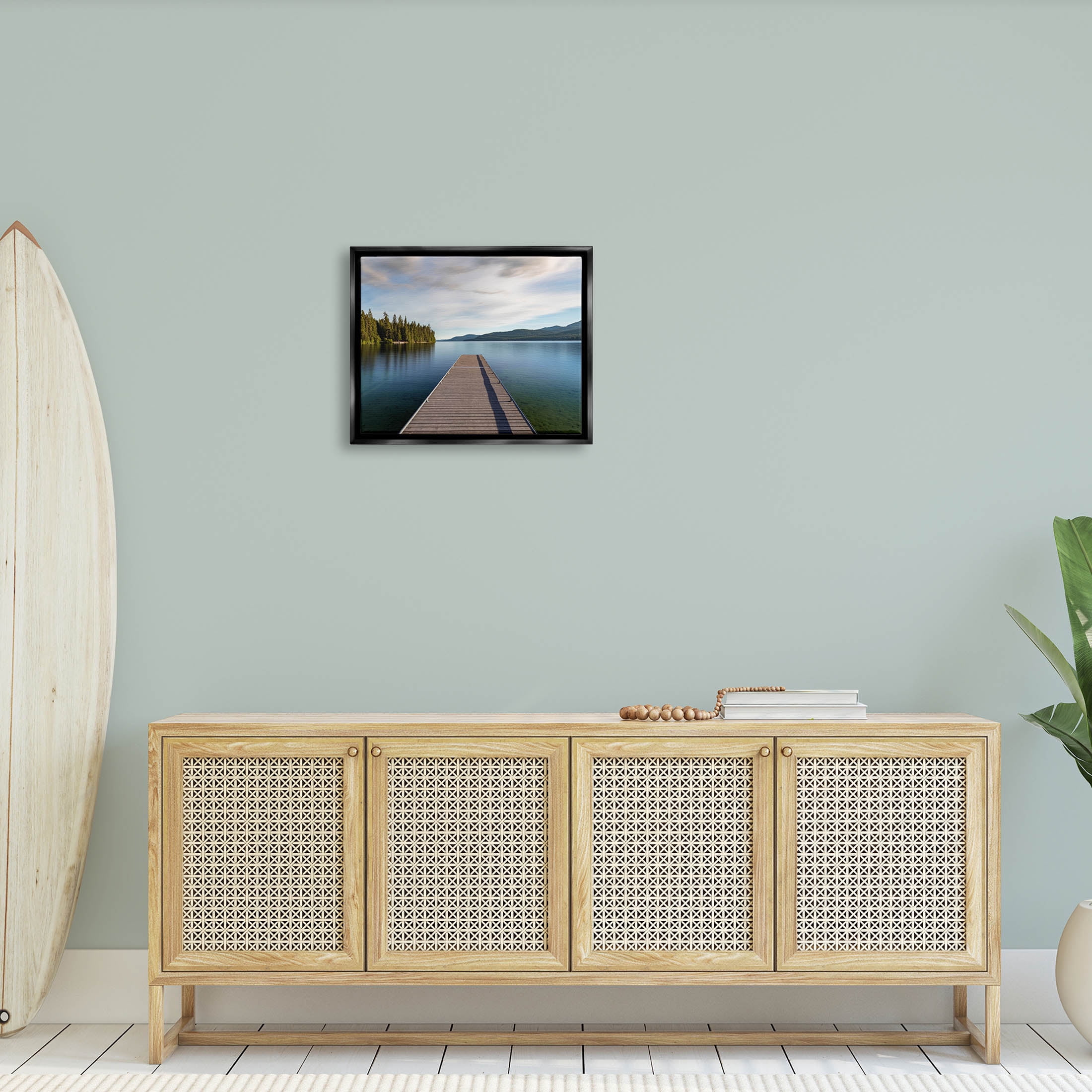 Soothing Lake Dock Mountains Landscape Photograph Jet Black Framed Art Print Wall Art