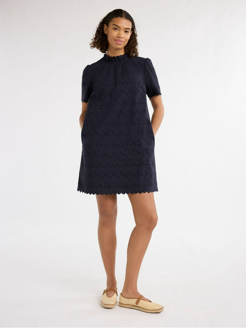 Free Assembly Women's and Women's Plus Ruffle Neck Cotton Eyelet Mini Dress  with Short Sleeves, Sizes XS-4X - Walmart.com