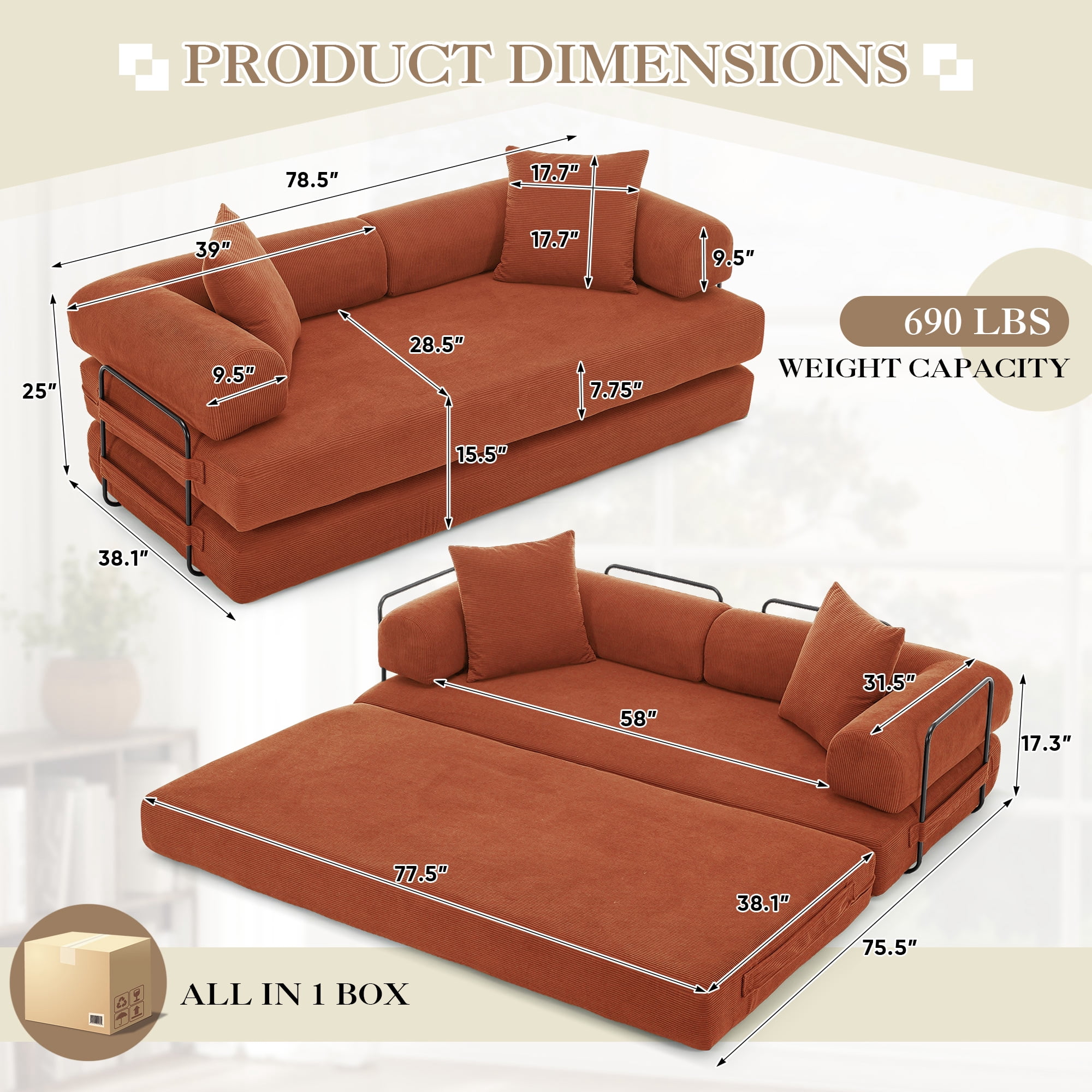 Timbernest 78.5" King Size Sofa Bed, 4 in 1 Convertible Sofa bed, Corduroy Boneless Floor Sleeper Sofa, Orange