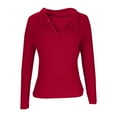 thumbnail image 5 of ZHYou No Boundaries Womens Classic Collar V Neck Long Sleeve Tops,Slim Fit,Stretchy Basic Knitted Shirts,Red,Size S, 5 of 7