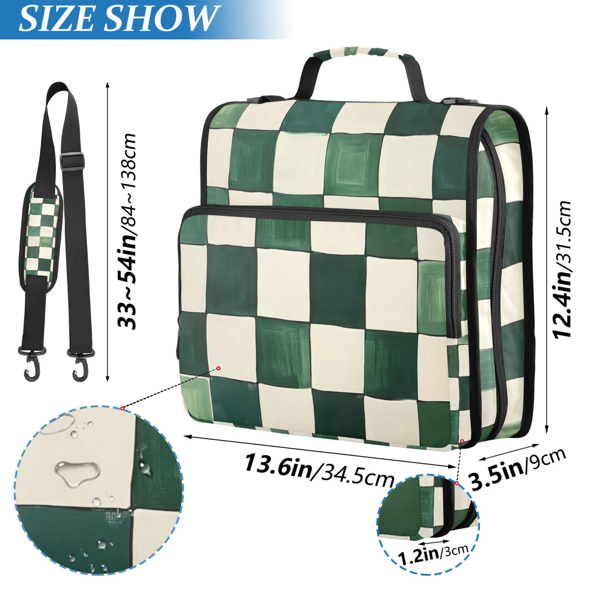 FORMRS Zipper Binder with Shoulder Strap 2-inch Ring 500 Sheet Capacity File Bag, Green and White Plaid Pattern