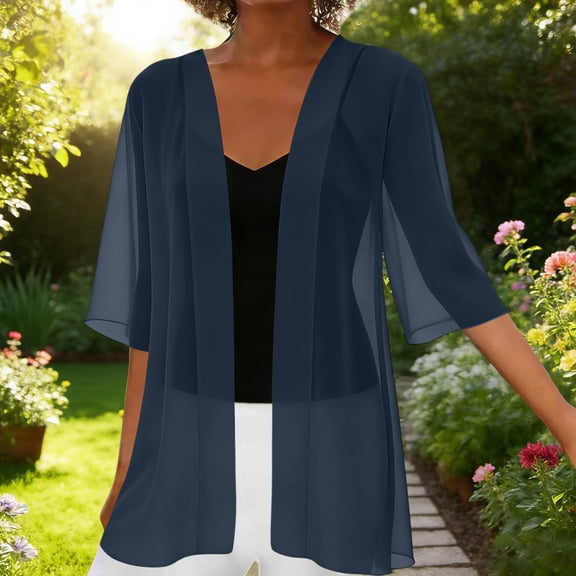 Brqkzdu Womens Chiffon Kimono Cardigans Half Sleeve Open Front Sheer Cover Ups Summer Lightweight Loose Soft Comfy Causal Summer Cover Up