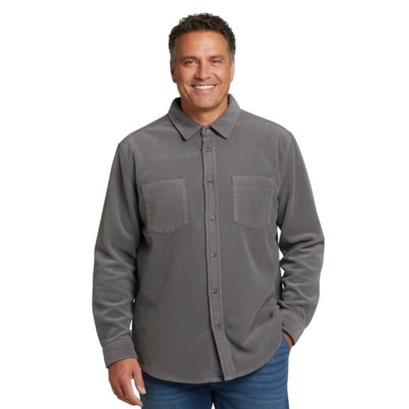 Turtle Bay New York Men's Grey Heathered Fleece Overshirt with Chest Pockets and Tortoise-shell patterned Buttons