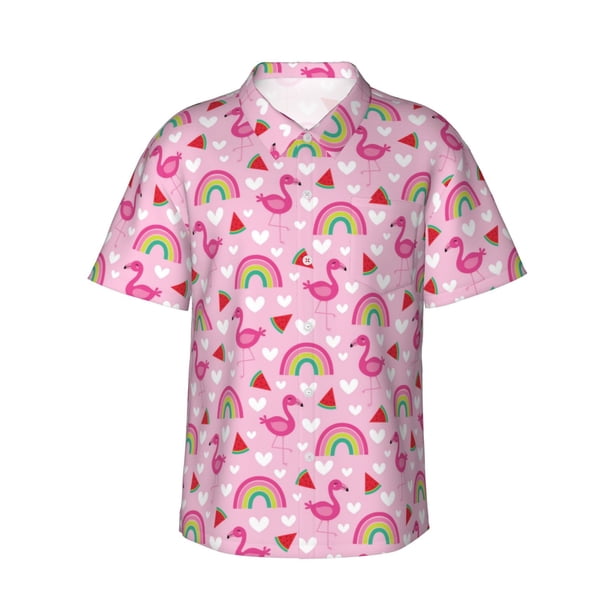 Balery Cute Flamingo Camisas hawaianas de manga corta para hombre, camisas playeras de corte holgado, camisas de vacaciones con botones,Small