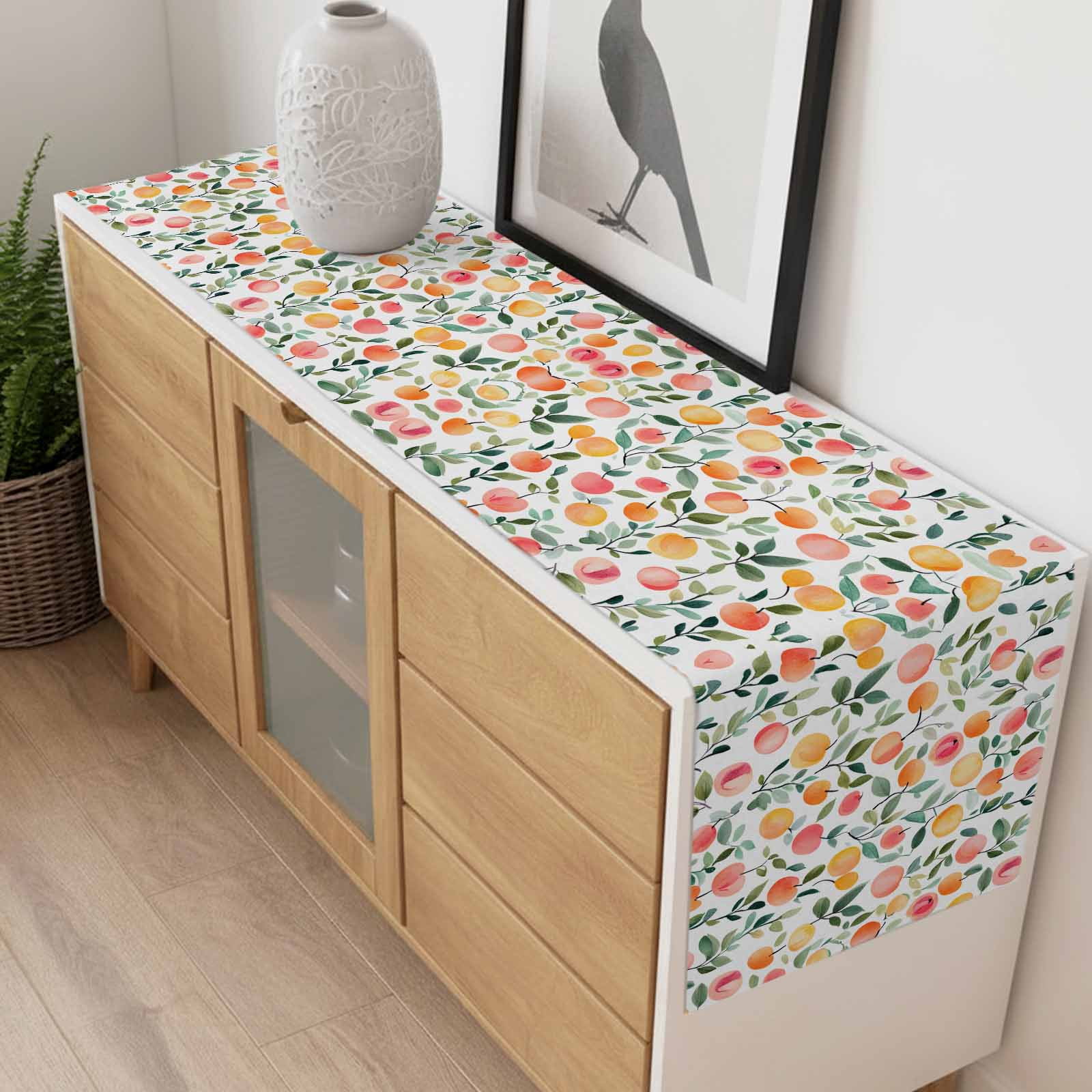 Pink Peach Cotton Linen Table Runner Country Style Spring Fruit Green Leaf Dining Table Runners for Home Decor Party Dining Room Restaurant Kitchen 13" x 90"