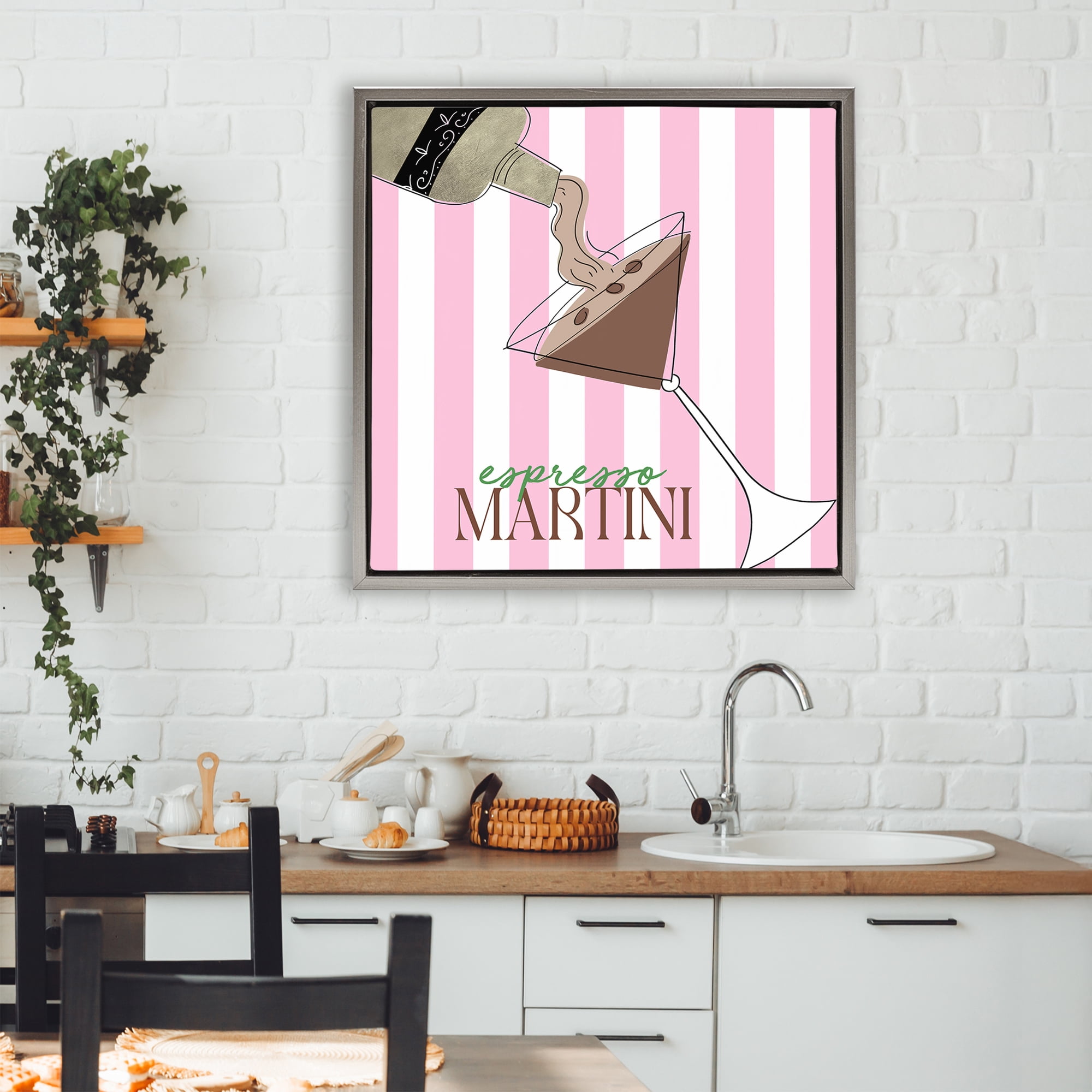 Stupell Industries Espresso Martini Pink Stripes Gray Framed Floater Canvas Wall Art, design by Deidre Mosher