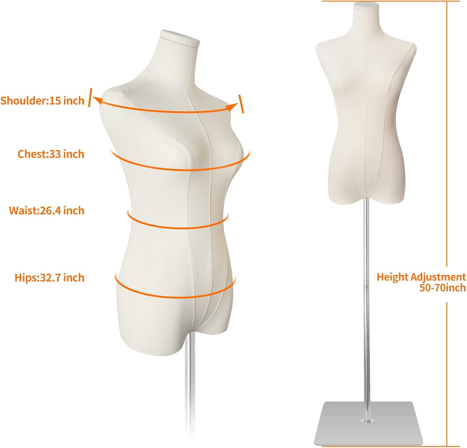 FreeLung Female Mannequin Torso Dress Forms with Gold Metal Stand, Adjustable Height 50”-70”, Beige