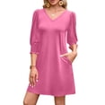 thumbnail image 2 of BRGZLK Women's Short Dress Summer Fashion Casual Solid Color V Neck 3/4 Long Sleeved Loose Fit Dresses, 2 of 7