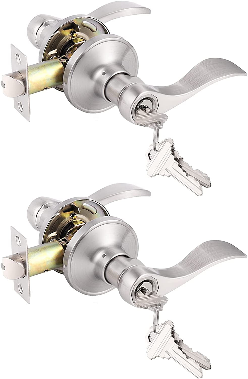 Brushed Nickel 2 KeyedAlike Entry Door Locksets with Lock and Same Key Wave/DropStyle Interior