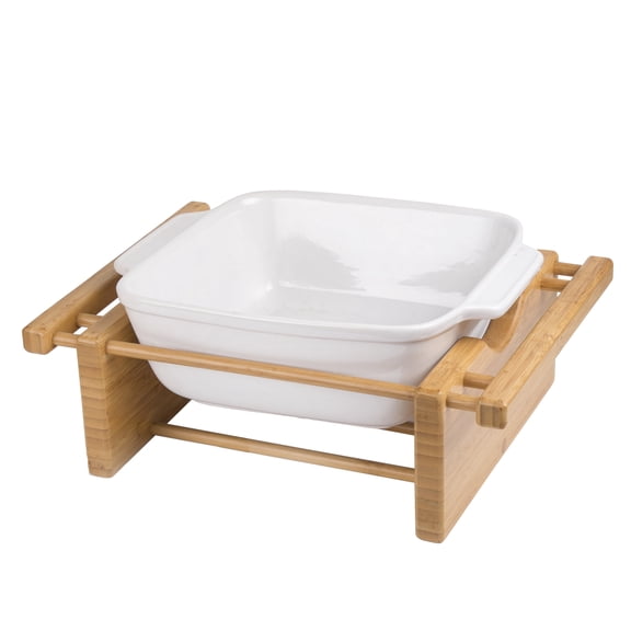 Premium Ceramic Baking Dish with Bamboo Serving Stand Oven-to-Table Bakeware for Lasagna, Casserole, Roasting & Family Dinner