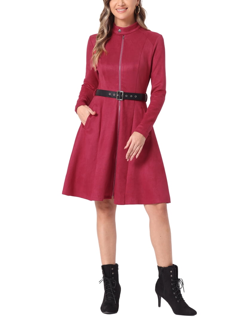 red faux suede dress Inspire Chic Women's Faux Suede Dress Stand Collar Zip Up Belted Vintage Dresses L Dark Red, Size: Large