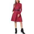 thumbnail image 2 of INSPIRE CHIC Women's Faux Suede Dress Stand Collar Zip Up Belted Vintage Dresses S Dark Red, 2 of 5