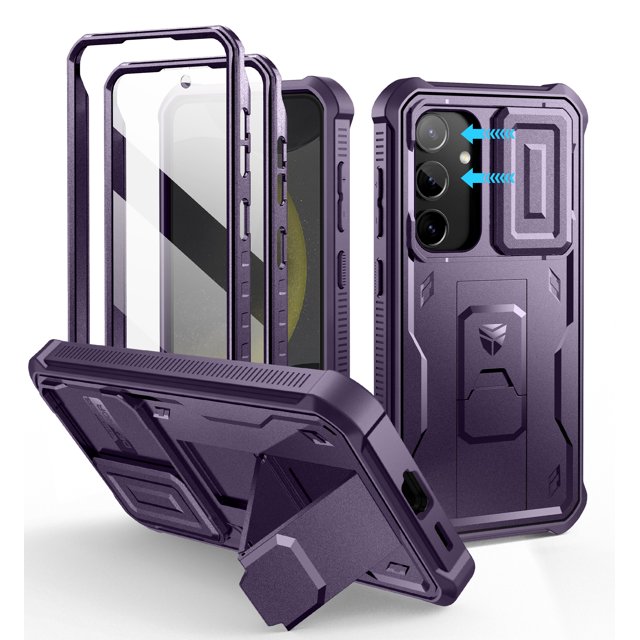 Dexnor for Samsung Galaxy S24 Case with Built-in Slide Camera Cover & Screen Protector & Kickstand, Heavy-Duty Shockproof Rugged Case Full-Body Bumper Protective Cover for Galaxy S24 2024, Purple