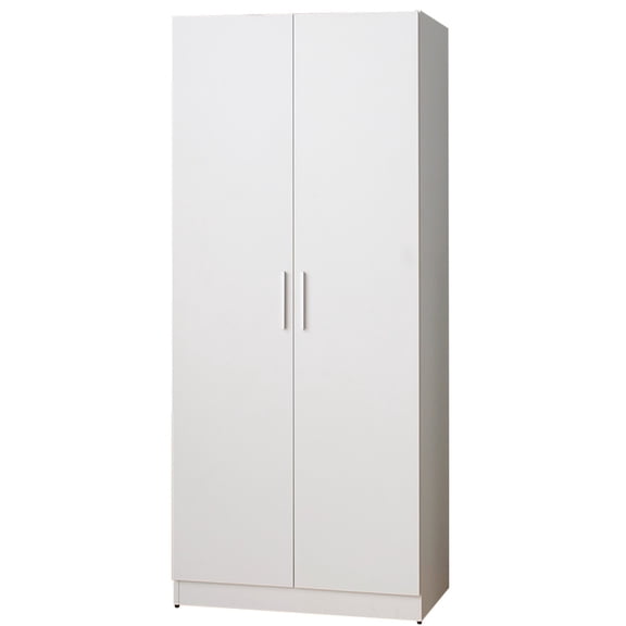 JERFIT White Solid Wood Wardrobe with 5 Shelves & Hanging Rod, Soft Close Door, Contemporary Freestanding Closet Organizer