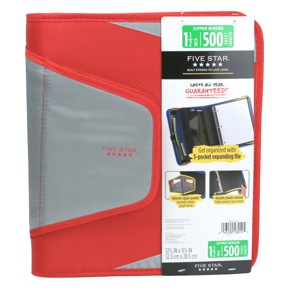 Five Star 1-1/2 inch Zipper Binder: 11-1/4 in. x 12-3/4 in. x 2-3/4 in. thick (Red & Grey) 28012-RG