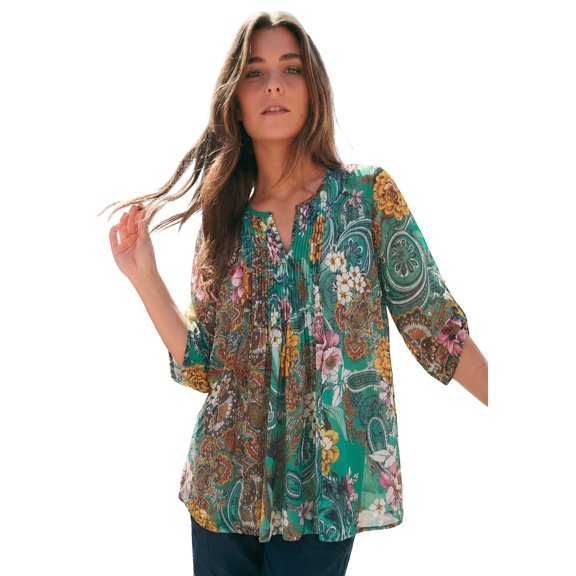 Roaman's Women's Plus Size Tara Pleated Shirt – Adjustable 3/4 Sleeve Swing Tunic With Notch Collar