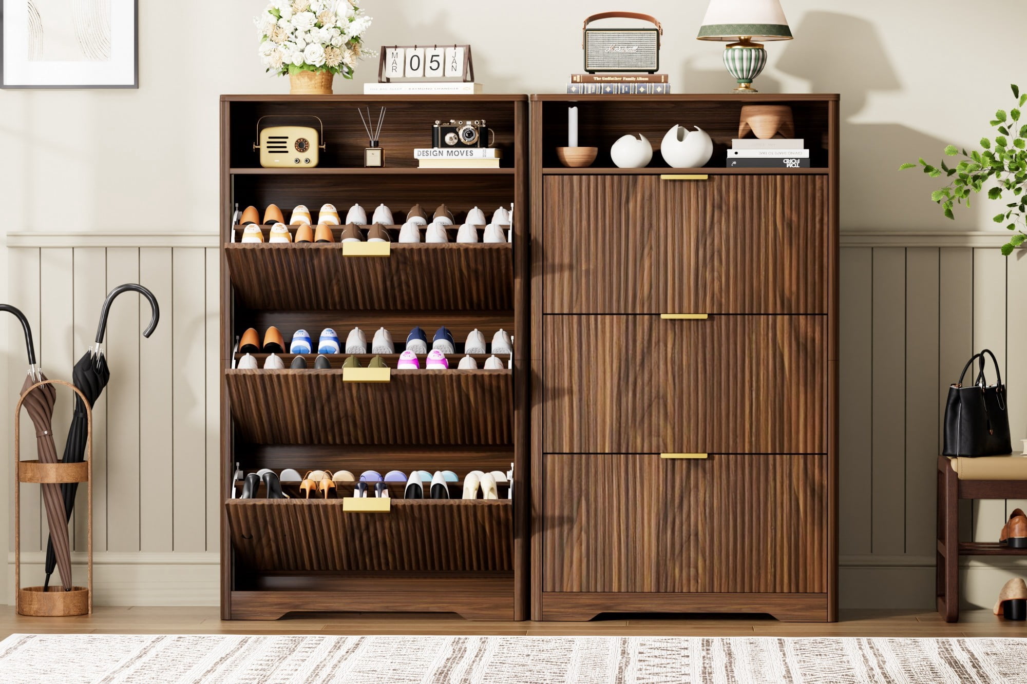 54.4" Shoe Cabinet Storage for Entryway, 3 Flip Drawer Shoe Organizer, Narrow Freestanding Hallway Shoe Rack, Walnut