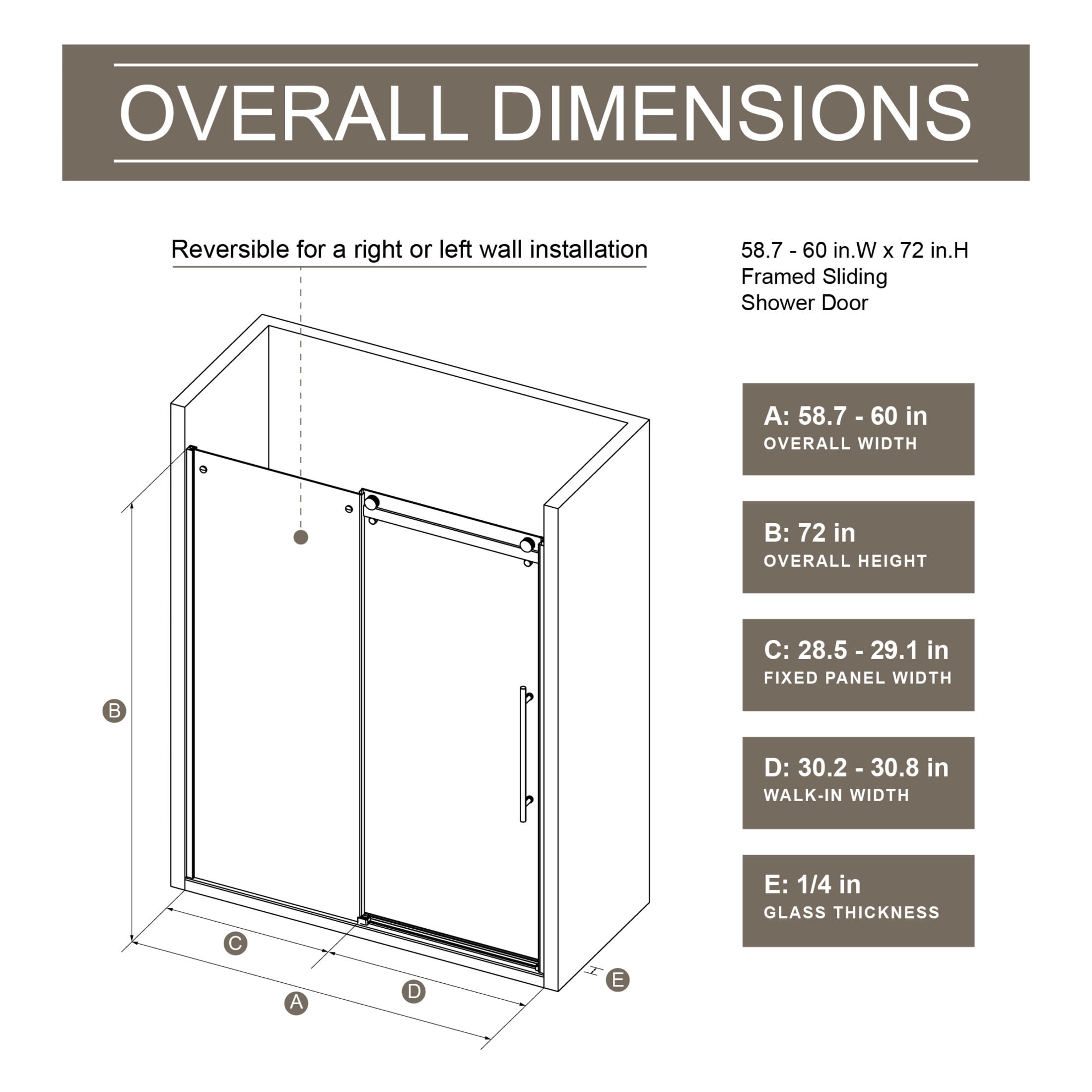 Noble House 60" x 72" Frameless Single Sliding Shower Door, Tempered Glass with Roller Rail and Steel Handle, Matt Black