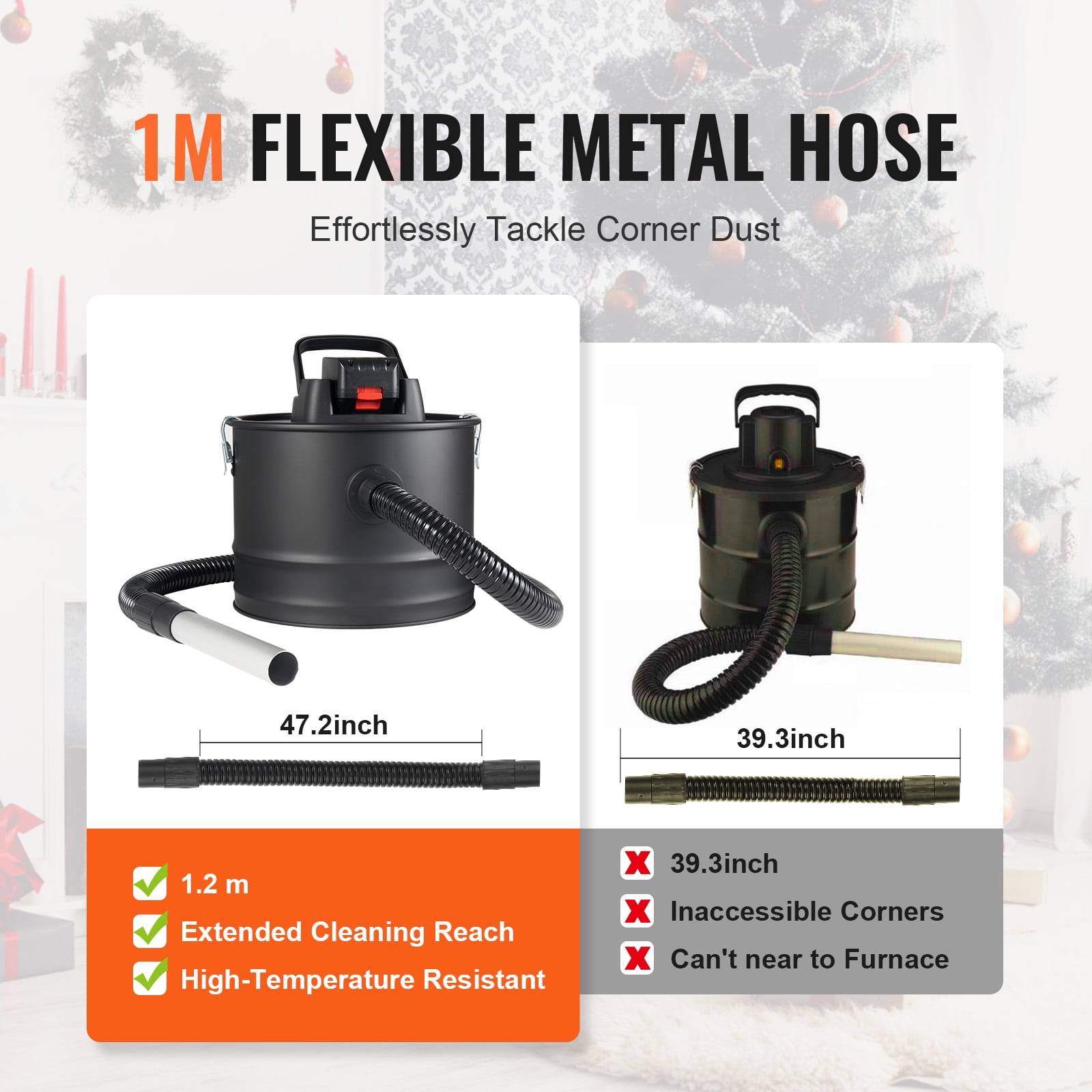 KFFKFF Ash Vacuum, 15L, Strong Suction, Reversible Airflow, 5.9 ft Cord, 10 Kpa Vacuum Power, Ideal for Fireplaces, Pellet & Wood Stoves, Black
