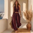 thumbnail image 4 of Quixlent Women's Halter Sleeveless Summer 2 Piece Sets, Pleated Ruffle Backless V Neck Top And Wide Leg Pants Matching Outfits, 4 of 8