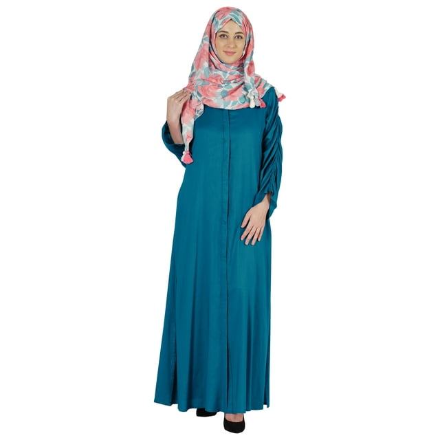 Bimba Islamic Clothes For Women Long Dress With Printed Hijab/Scarf Rayon Abaya Maxi Front Button Muslim Dress