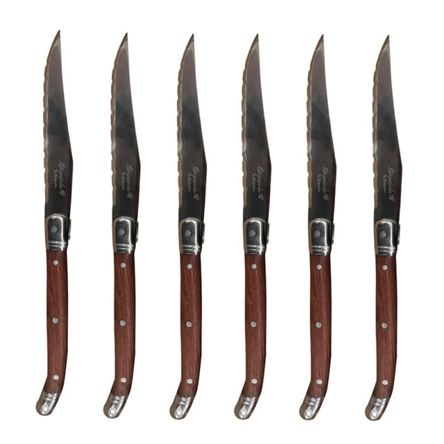 JS Gourmet - Set of 6 Laguiole Steak Knives, Stainless Steel Blade, Wooden Handles