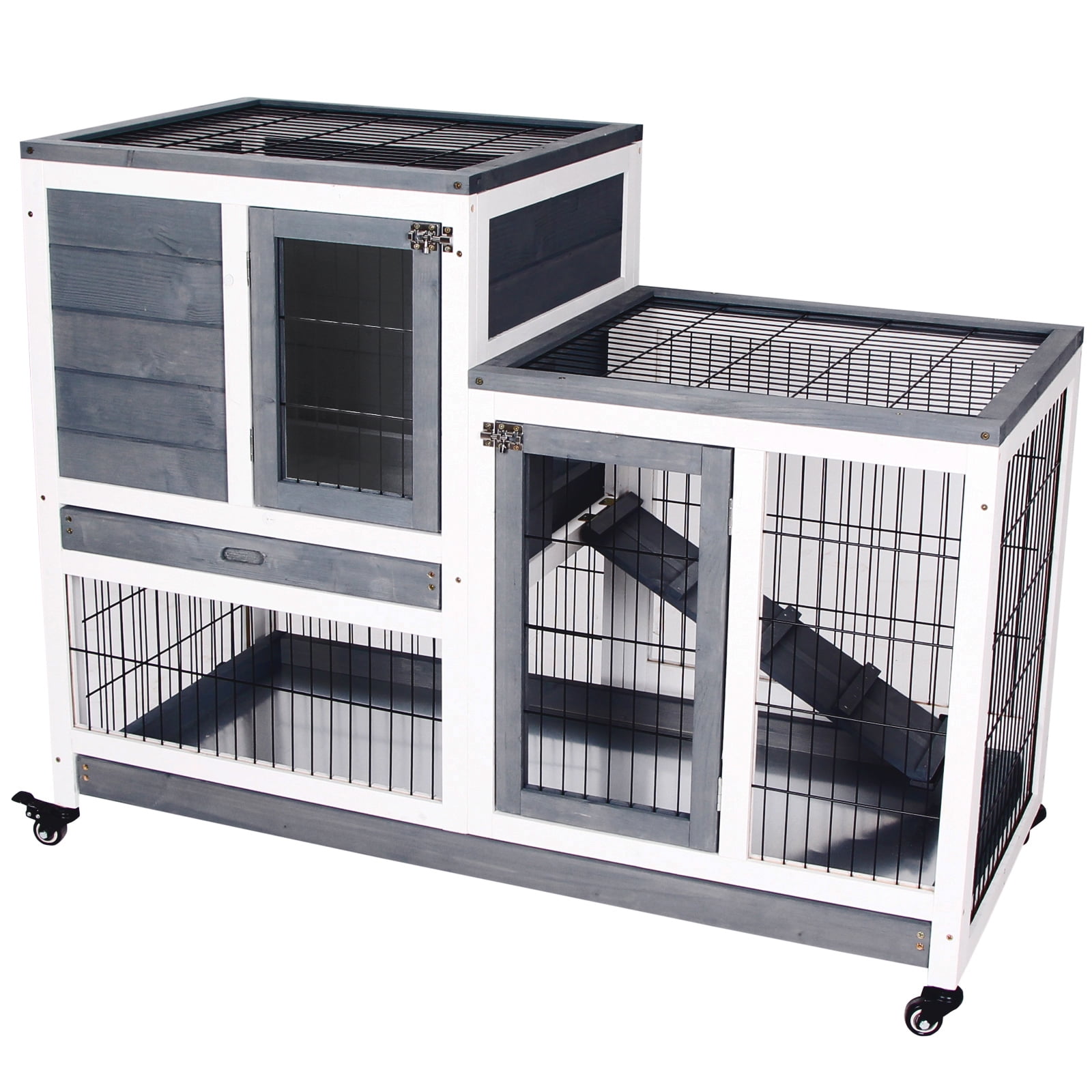 PawHut Wooden Indoor Rabbit Hutch Elevated Cage Habitat with Enclosed Run with Wheels, Ideal for