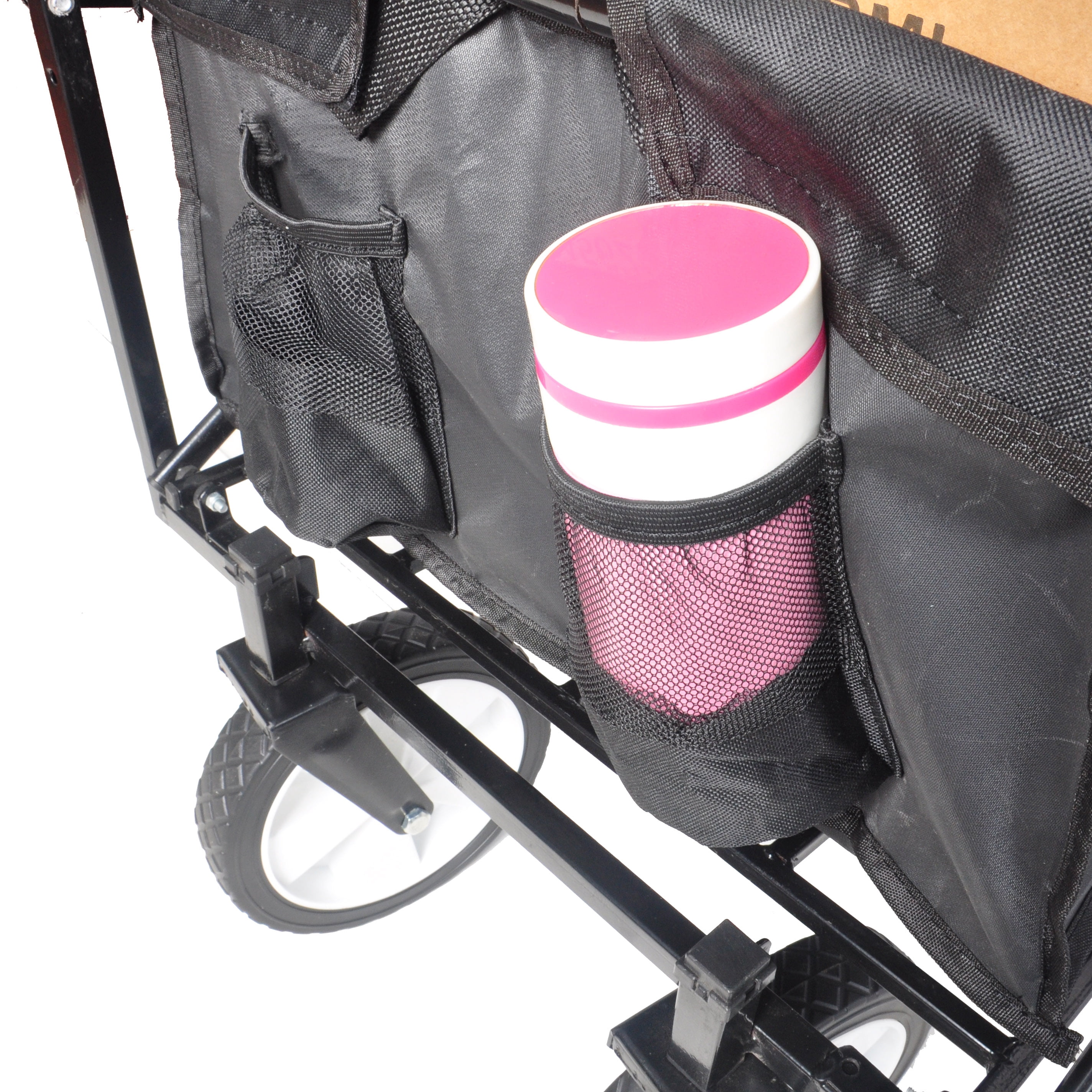 Jump Into Fun Newest Collapsible Wagon Cart for Kids with Big Wheels, Push Bar, 2 Mesh Cup Holders, 200LBS Capacity Heavy Duty Utility Foldable Wagon Garden Cart for Yard, Black