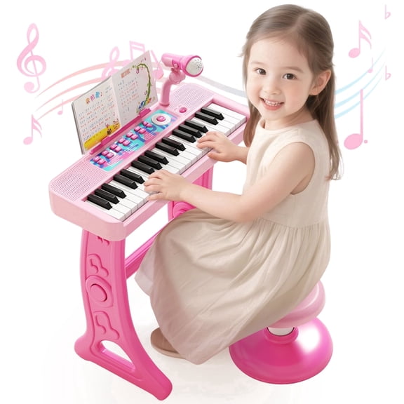 Tepear Kids Piano Keyboard Toys for Girls Age 3, 37 Keys Toddlers Piano Toy with Stool and Microphone, Pink Birthday Gift for 4 5 6 Years Old Boy Girl