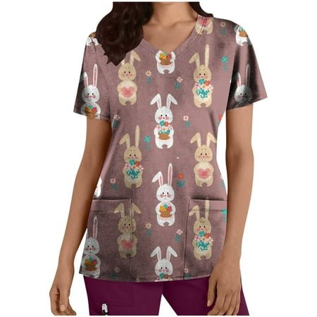 

Women s Happy Easter Day Working Uniform with Two Pockets Scrub_Tops Cute Eggs Bunny Rabbit Pattern Tees Woman Short Sleeve Western Shirts V Neck Workwear Blouse Vintage Summer Tunic Coffee XXL