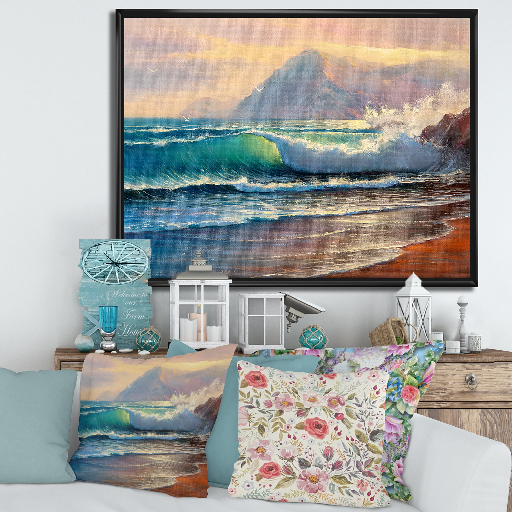 Designart 'Sunrise Glow On The Sea Waves III' Nautical & Coastal Framed Canvas Wall Art Print