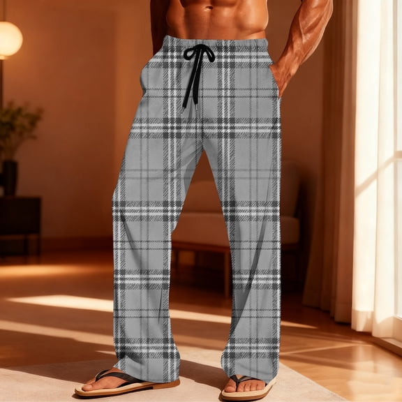 Kalauyu Plaid Drawstring Pants with Side Pockets for Men Elastic Waist Casual Trousers, Lightweight Loose Fit Pants