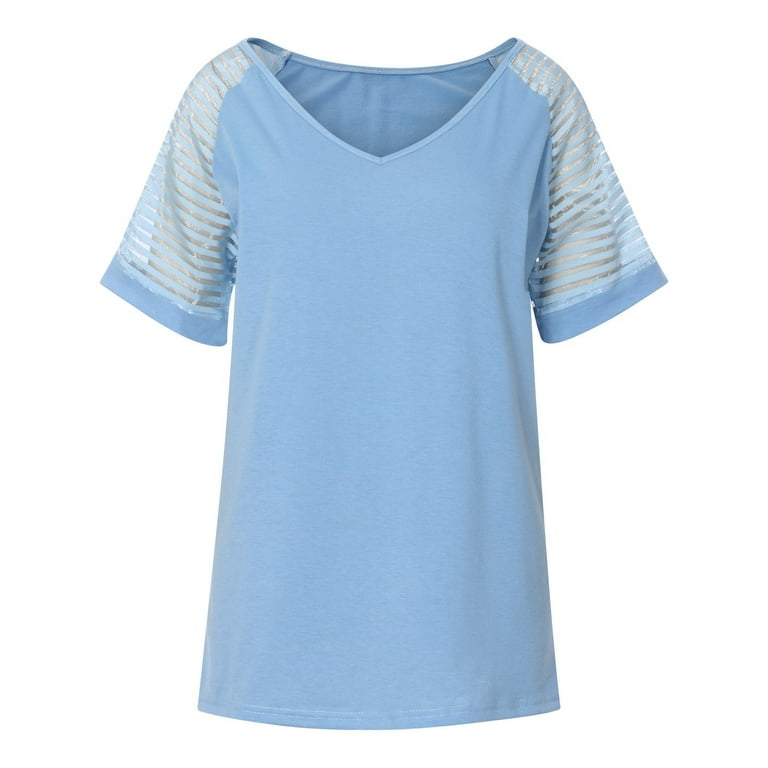 RQYYD Clearance Casual V Neck T Shirts for Women Mesh Short Sleeve