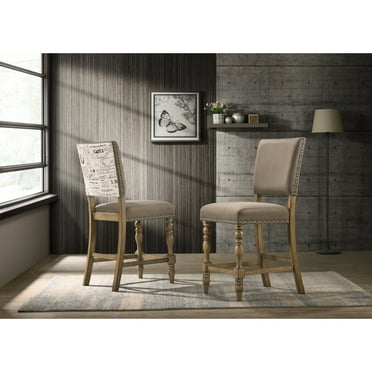 DeeHome Birmingham Script Printed Driftwood Finish Counter Height Dining Chair with Nail head, Set of 2