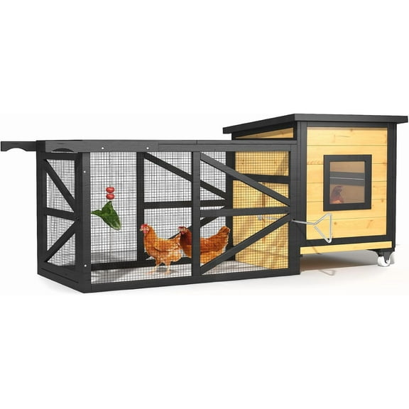 71'' Chicken Coop, Chicken House for Outside, Outdoor Duck Coop, Wooden Mobile Chicken Coops with Run & Waterproof Asphalt Roof, Wheels, Removable Tray and Hanging Chicken Feeder