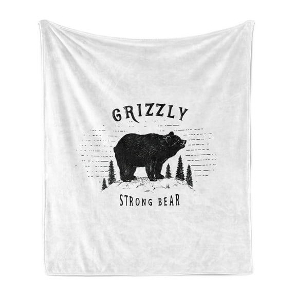 Bear Soft Flannel Fleece Throw Blanket, Strong Grizzly Bear in the Forest Vintage Grunge Look Life in the Mountains Theme, Cozy Plush for Indoor and Outdoor Use, 70" x 90", Black White, by Ambesonne