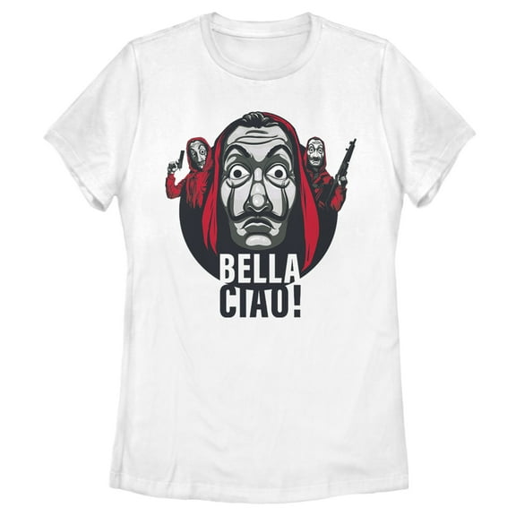 Women's Money Heist Bella Ciao Masked Robbers Graphic Tee White Medium