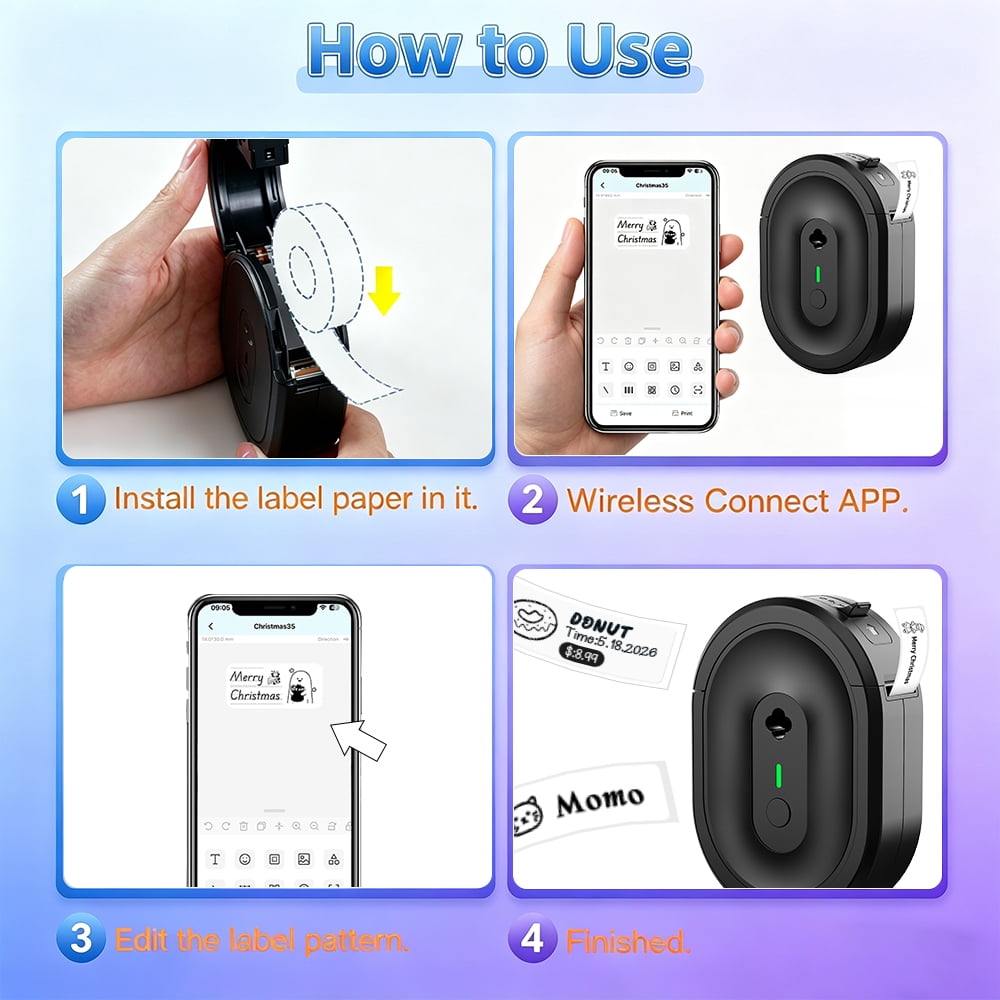 N12 Wireless Thermal Label Maker Machine with 1 Roll Of Paper, Intelligent Portable Printer, High Quality Printing, Multiple Creative Function&Templates - for Office, Home, School, BLACK