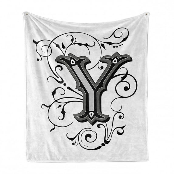 Letter Y Soft Flannel Fleece Throw Blanket, Calligraphy Inspired Medieval Capital Letter Alphabet European Design, Cozy Plush for Indoor and Outdoor Use, 60" x 80", Black Grey White, by Ambesonne