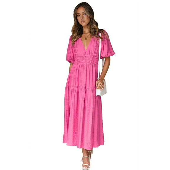 Women'S Deep V Neck Puff Short Sleeve Tiered Dress Elastic High Waist Flowy A Line Midi Dresses Rose Red S