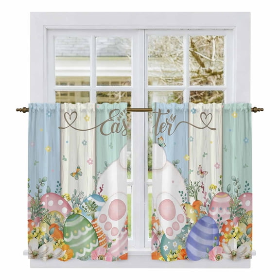Easter Kitchen Curtain for Berdoom Living Room Cafe 45 Inch Length, Spring Rabbit Ears Foot Flowers Eggs Green Wooden Tiers Curtains Light Filtering Drapes Window Treatment 2 Panels 52"Wx45"L