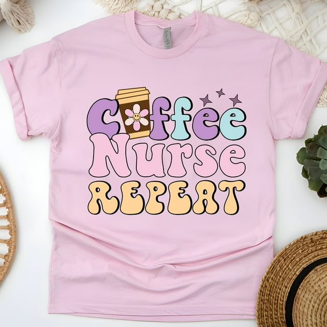 Coffee Nurse Repeat Graphic T-Shirt, Cute Pastel Design Tee, Light Pink, Size L